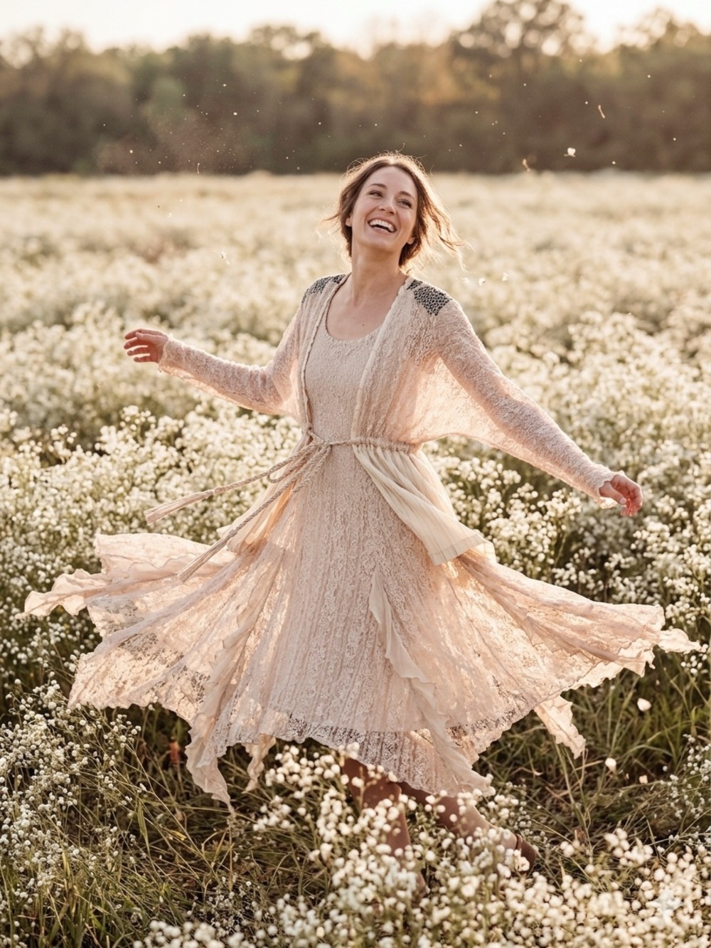 Komarov Lace Tiered Midi Dress in Pale Blush